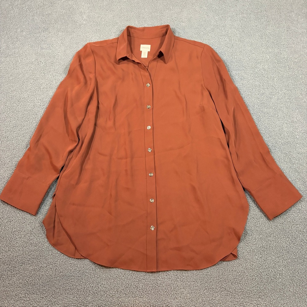 Chicos Blouse Womens 2 Orange Button Up Pleated Back Long Sleeve Collared Shirt
